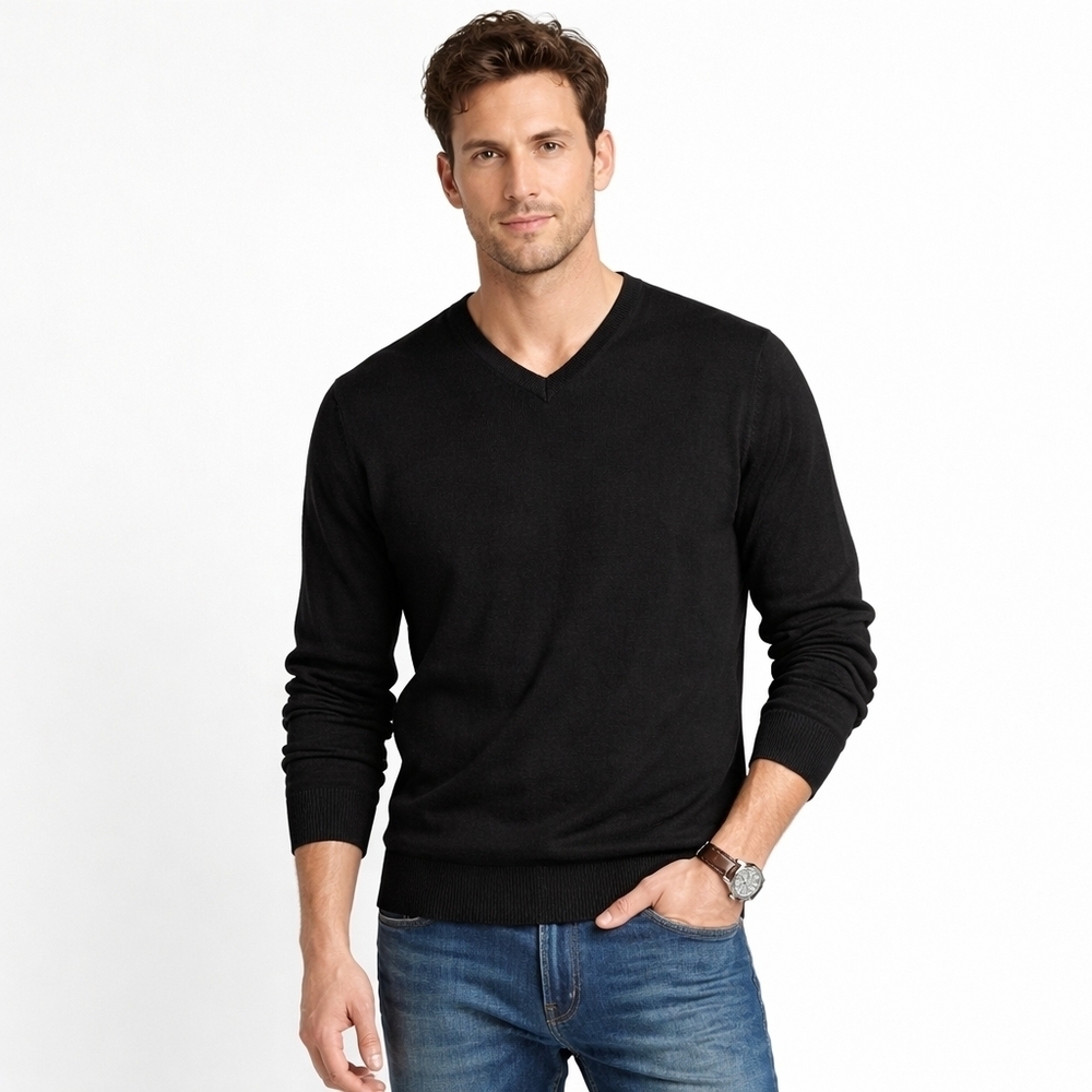 Mark Law Men's Black V-Neck Sweater Size L 100% Extra Fine Merino Wool